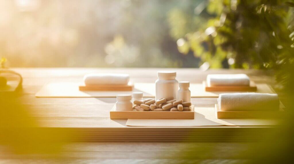 Pills and supplement bottles on a wooden tray with rolled towels.