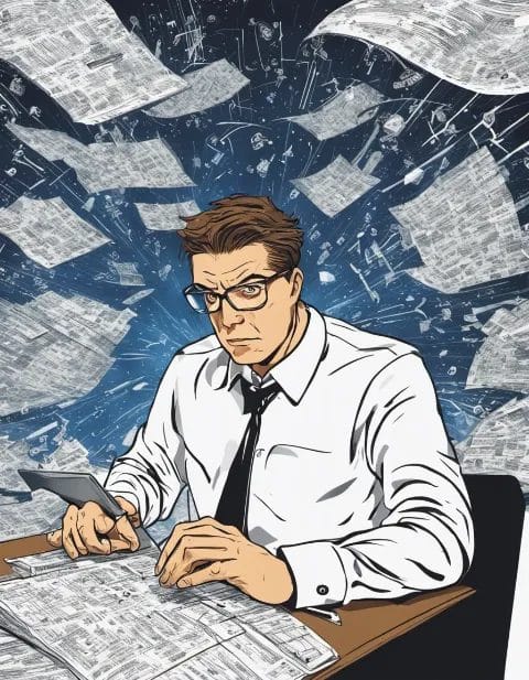 Focused man in glasses working on documents as papers fly around