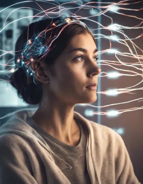 Someone wearing a headband that monitors brain activity, looking at a screen showing spikes in mental focus