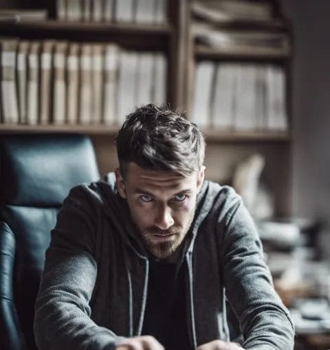 Focused man sitting in a library with shelves of books in the background