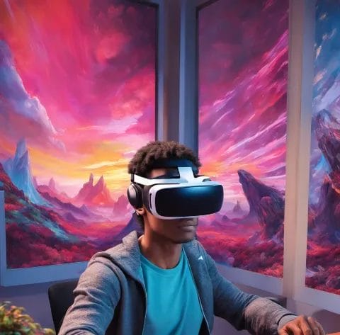 sitting at a computer wearing VR goggles