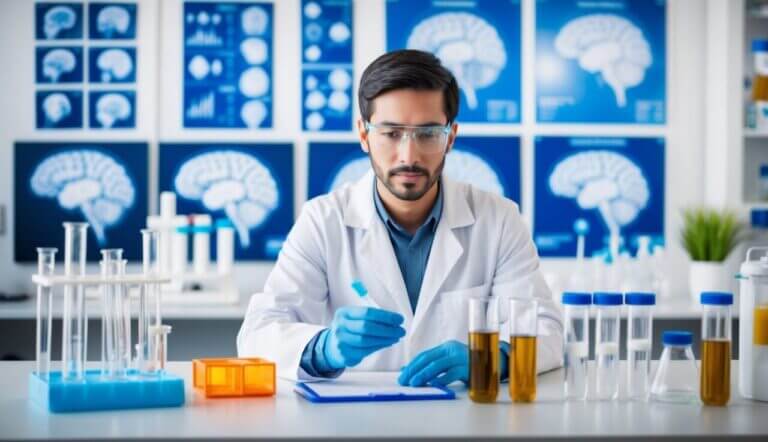 A lab with test tubes, beakers, and scientific equipment, surrounded by images of brain scans and charts, as a researcher studies the effects of nootropics