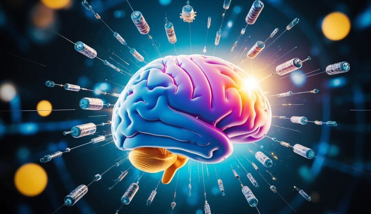 A vibrant brain surrounded by damaged and aging elements, with nootropics acting as a healing force, symbolizing cognitive health