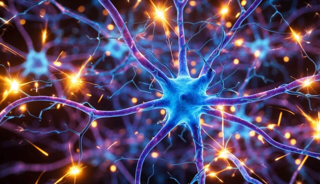 A colorful and intricate network of interconnected neurons forming and branching out, surrounded by glowing sparks and energy