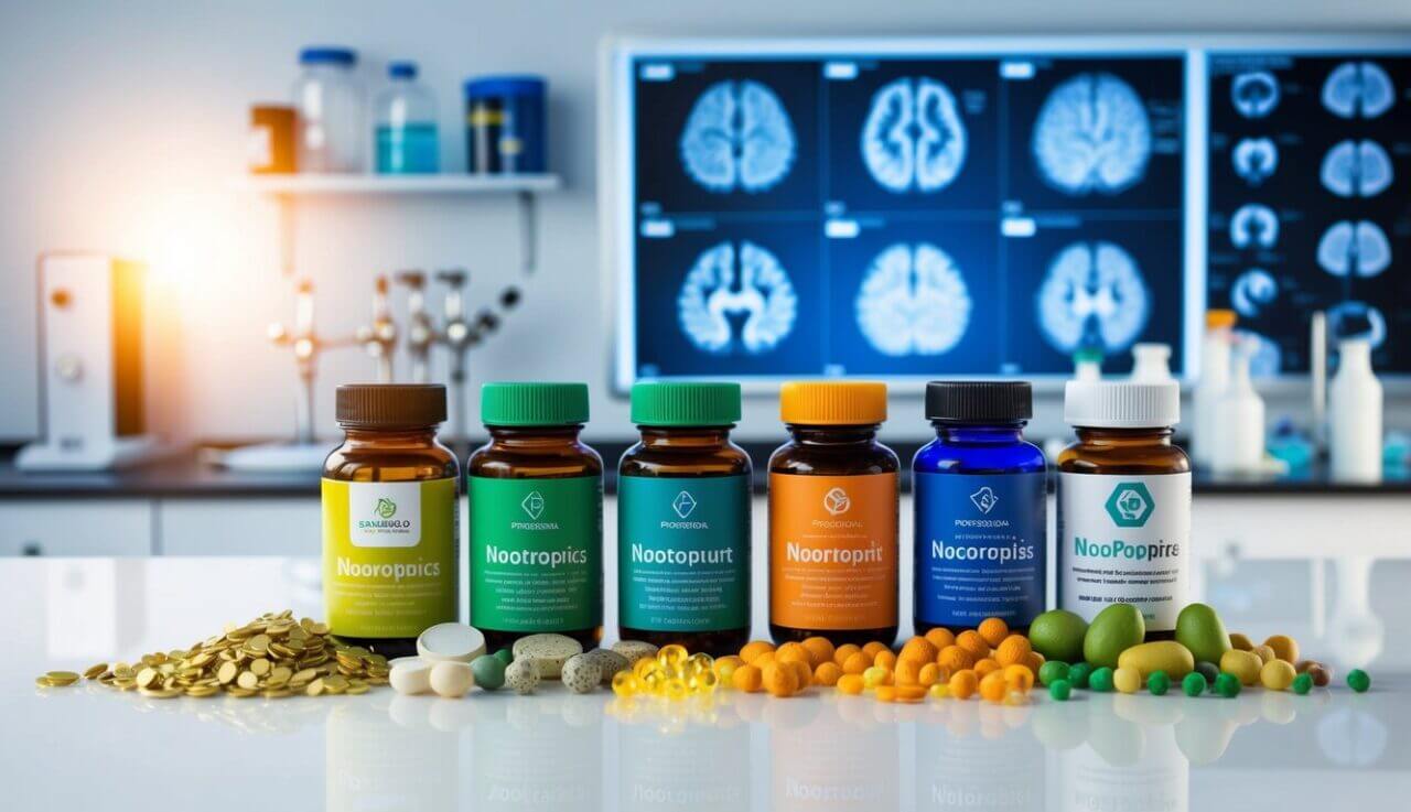 A colorful assortment of natural and synthetic nootropics arranged on a clean, white laboratory table, with a backdrop of brain scan images and scientific equipment