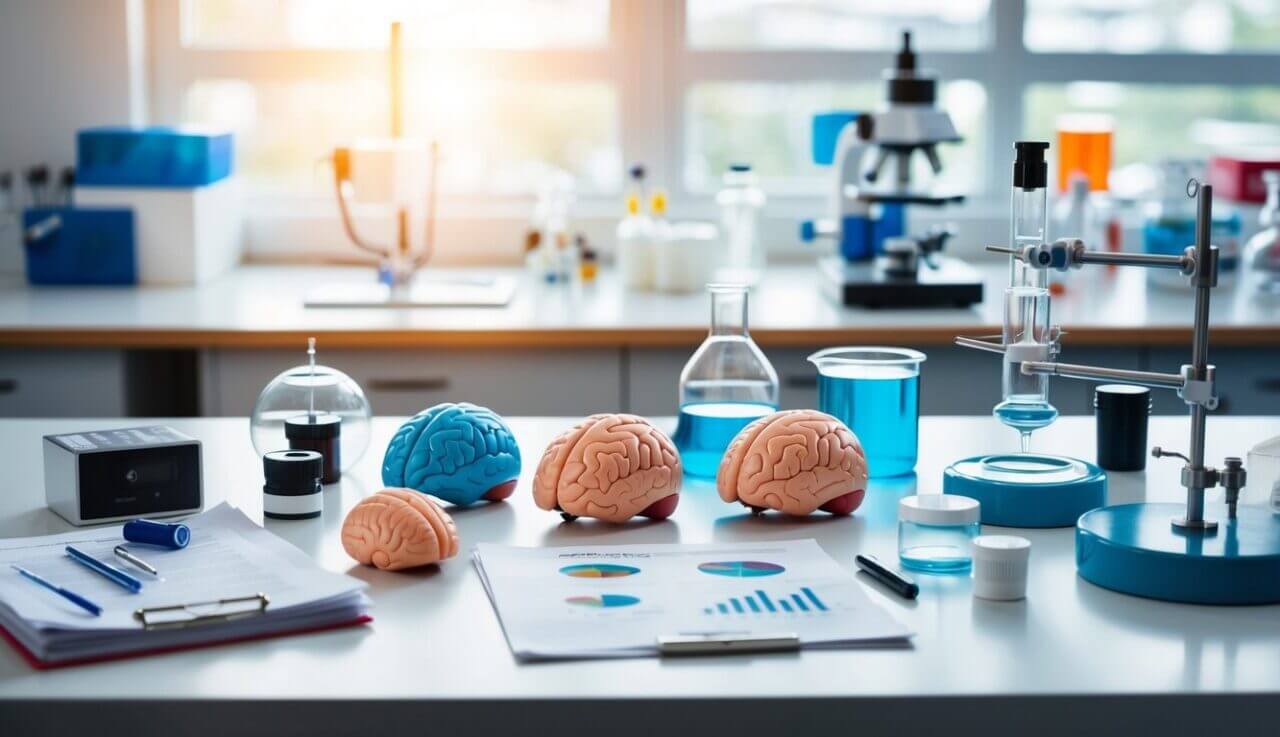 A laboratory table with various scientific equipment and brain models, surrounded by research papers and studies on nootropics and brain repair