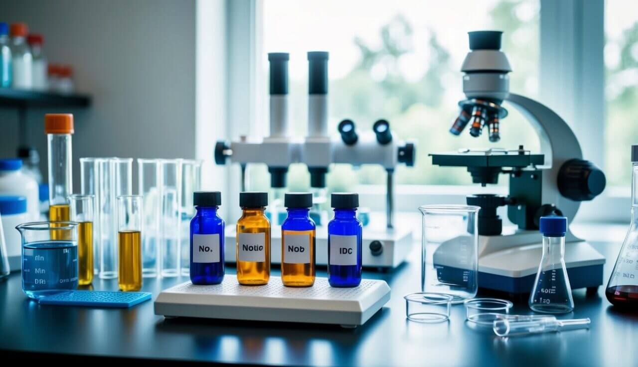 A laboratory table with various nootropic substances in labeled vials and beakers, alongside scientific equipment such as microscopes and test tubes