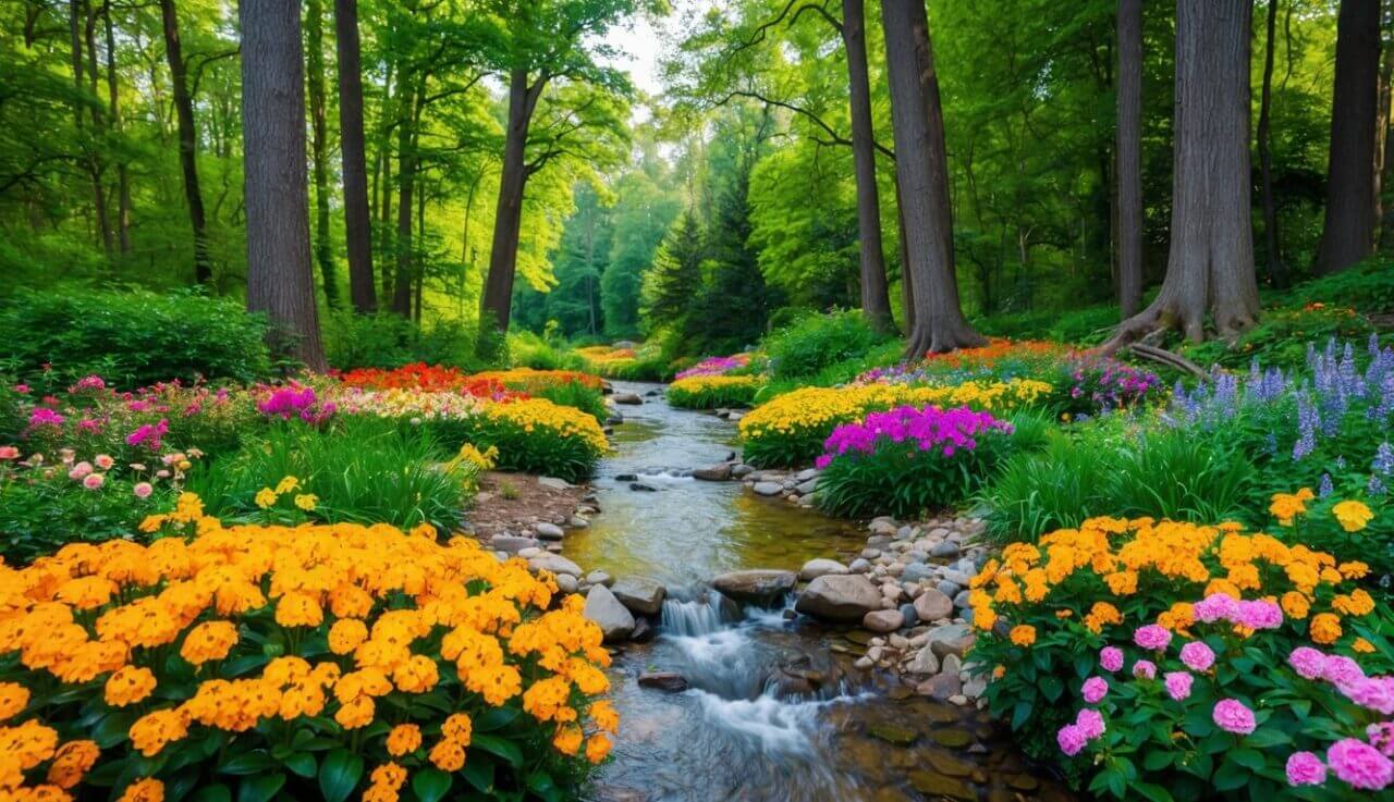 A serene forest with a vibrant array of colorful, blooming flowers and a clear stream flowing through, surrounded by lush greenery and tall, majestic trees