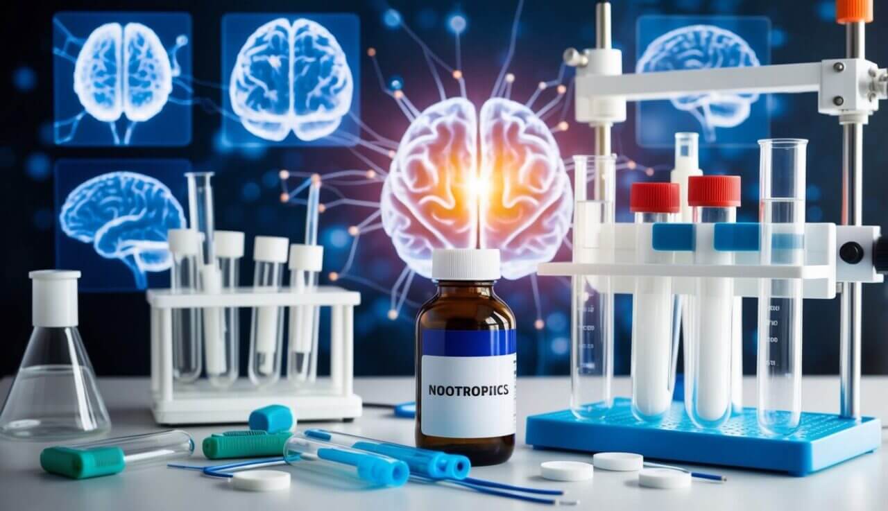 A laboratory with test tubes and scientific equipment, surrounded by images of the brain and neurons. A bottle of nootropics sits prominently on the table