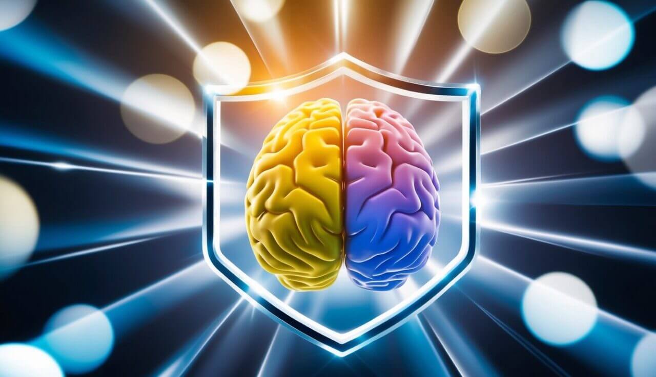 A vibrant brain surrounded by protective shield, with nootropics emerging as a barrier against cognitive decline