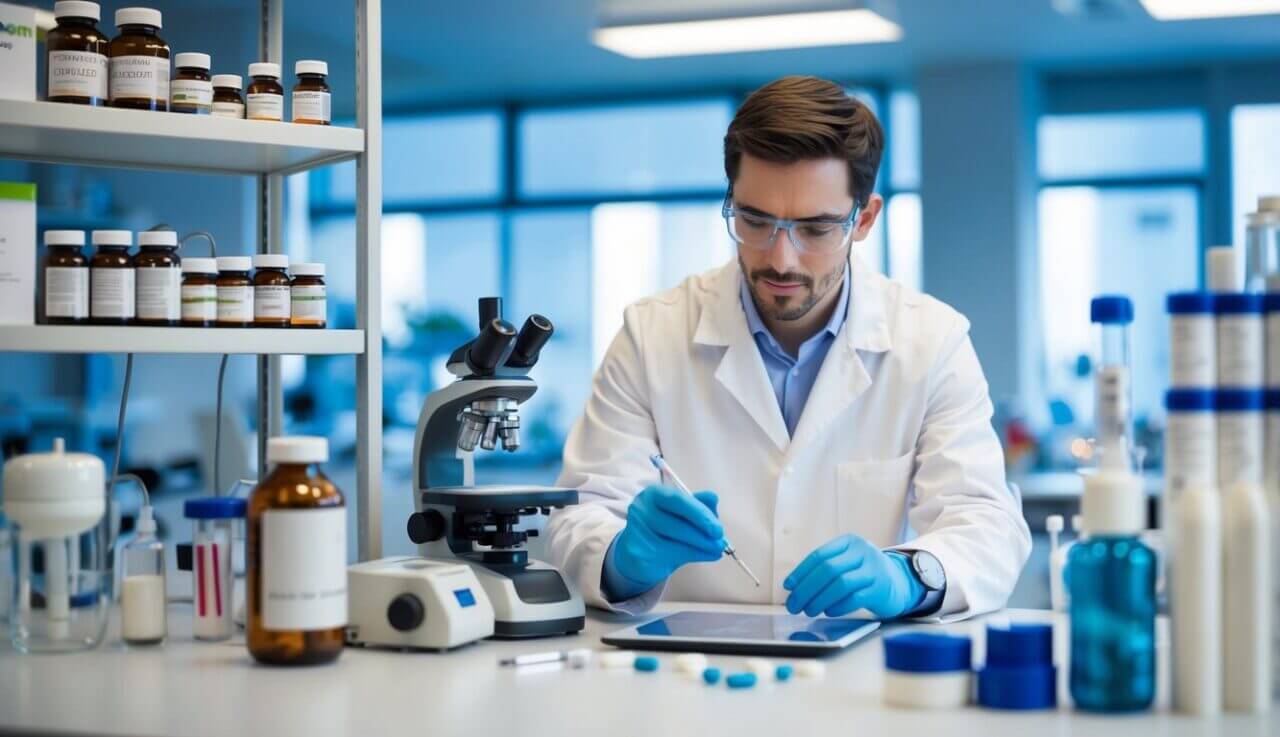 A laboratory setting with shelves of various nootropic supplements, research equipment, and a scientist analyzing brain scans for cognitive protection