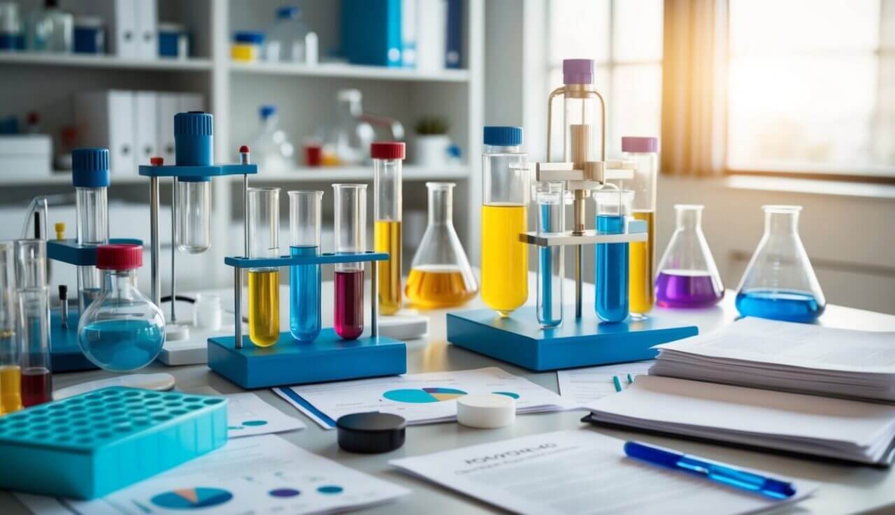 A laboratory table with various scientific equipment and test tubes filled with colorful liquids, surrounded by research papers and books on nootropics and cognitive decline