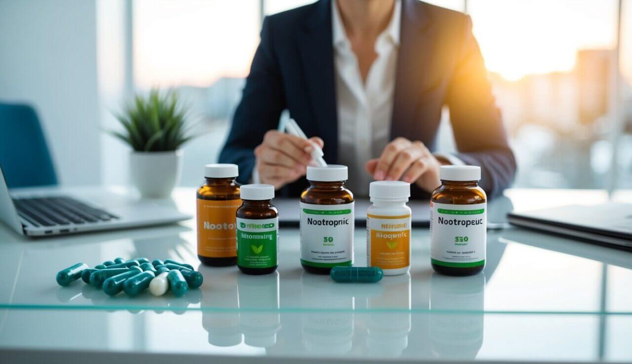 A person researching and organizing various nootropic supplements and vitamins on a clean, well-lit desk