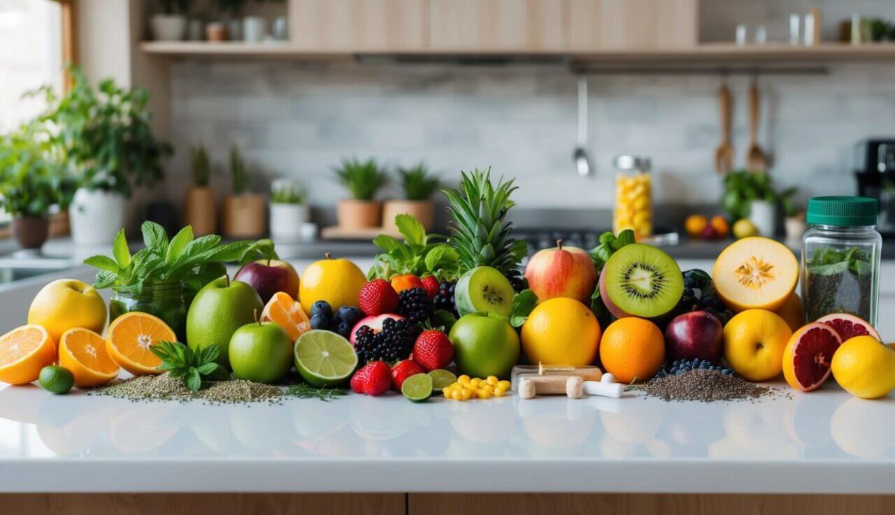 A colorful array of fresh fruits, herbs, and natural supplements arranged on a kitchen counter, ready to be blended into brain-boosting smoothies