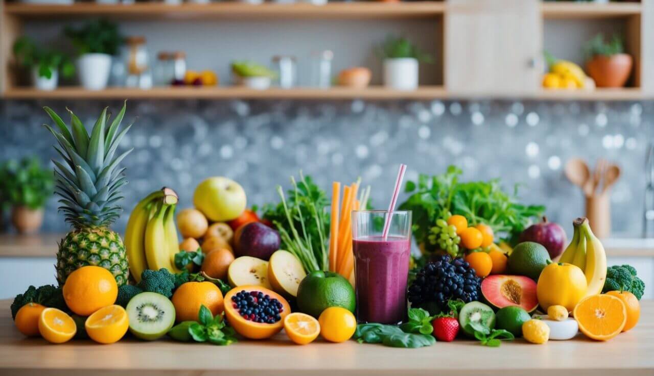 A vibrant array of fresh fruits, vegetables, and natural nootropics arranged on a kitchen counter, ready to be blended into brain-boosting smoothies