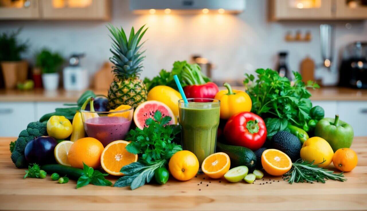 A vibrant array of fruits, vegetables, and herbs arranged on a kitchen counter, ready to be blended into brain-boosting smoothies