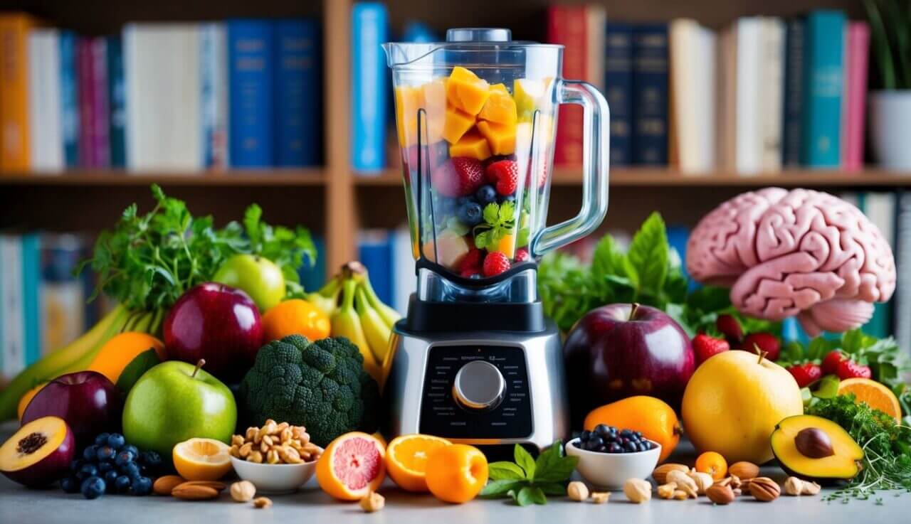 A colorful array of fresh fruits, nuts, and herbs arranged around a blender, with a backdrop of books and a brain-shaped smoothie glass