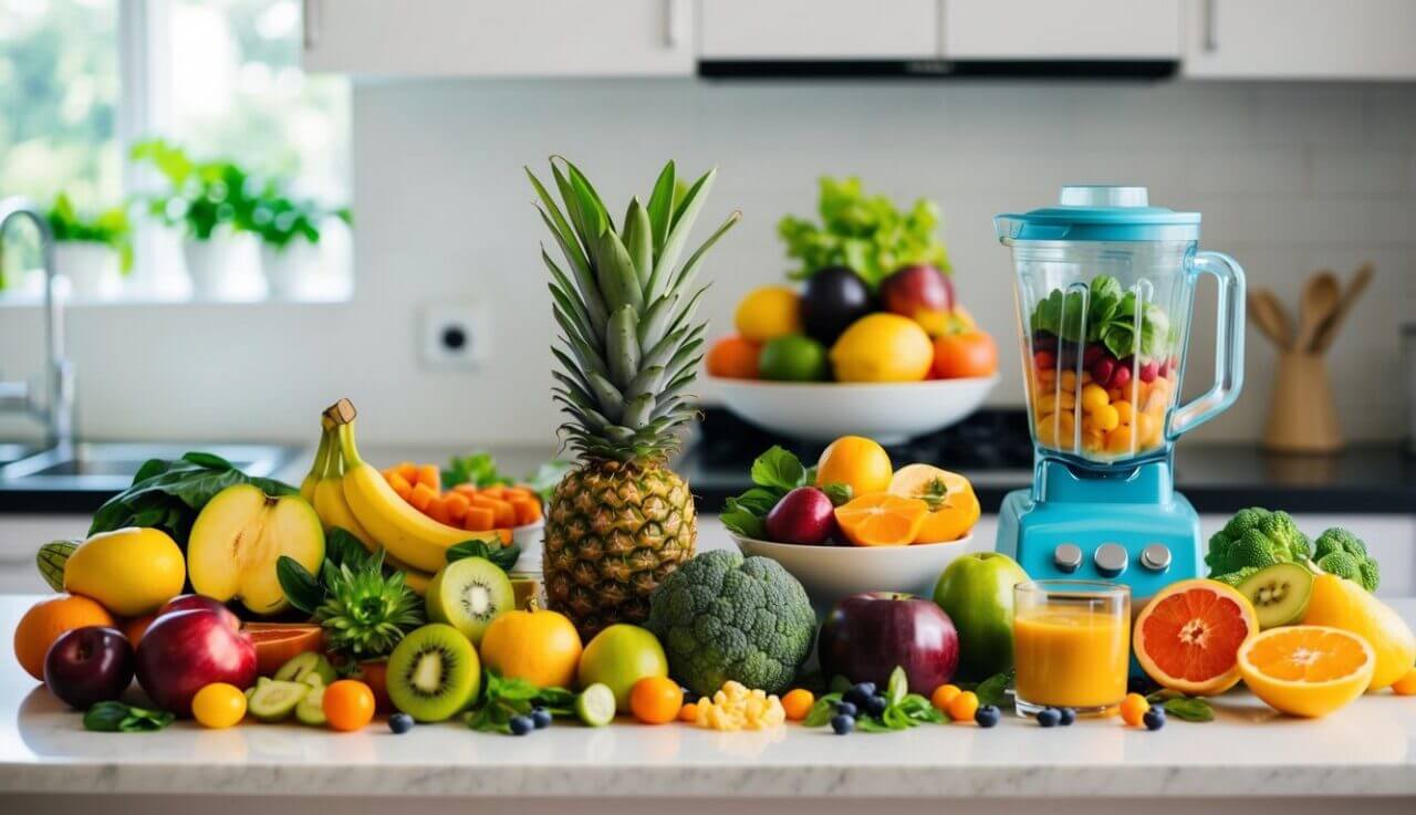 A colorful array of fresh fruits, vegetables, and natural nootropics arranged on a kitchen counter, with a blender and glass ready for creating a brain-boosting smoothie