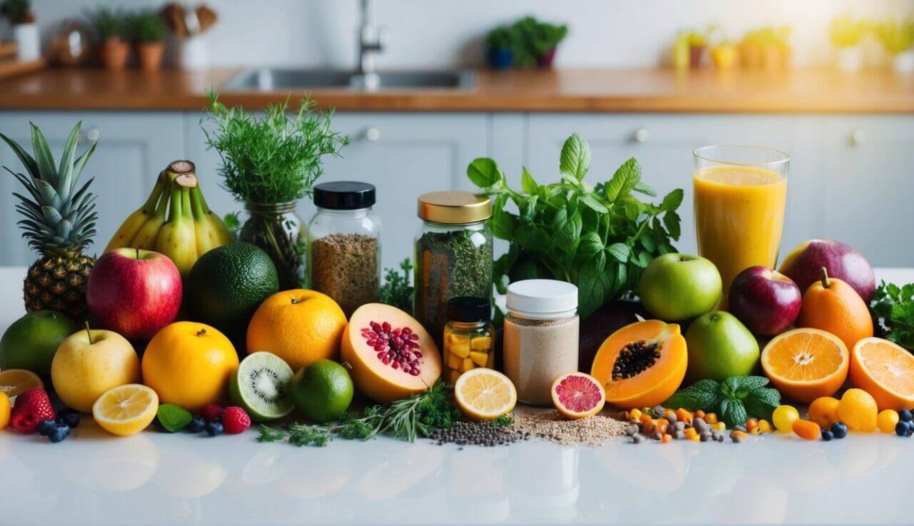 A colorful array of fresh fruits, herbs, and natural supplements arranged on a kitchen counter, ready to be blended into brain-boosting nootropic smoothies