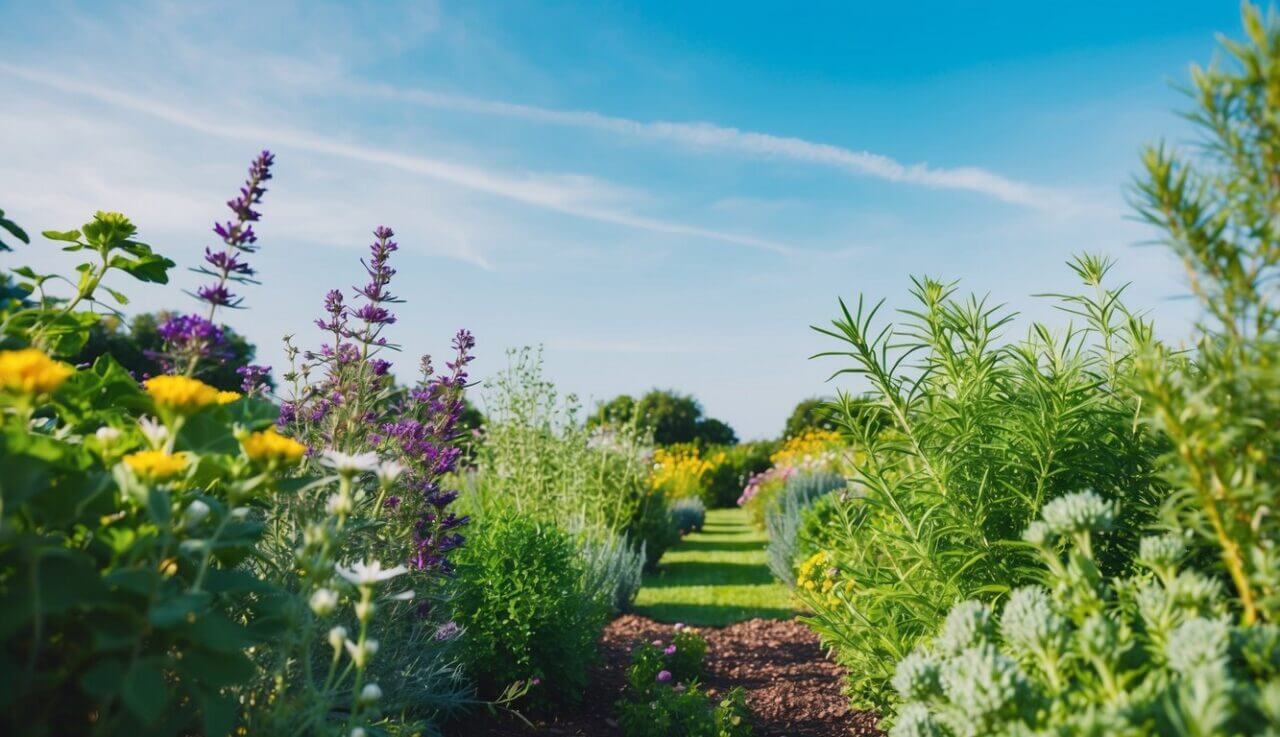 A serene garden with colorful herbs and plants, surrounded by a clear blue sky and a gentle breeze